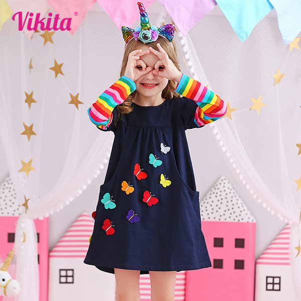 VIKITA enfants arc-en-ciel rayé robe filles paillettes licorne robes enfants automne robe avec poches fille coton robes 3-12 ans
