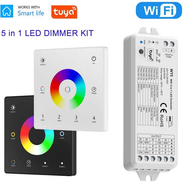 TUYA WiFi 5 w 1 zestaw kontroler LED RF 2.4G szklana ściana Panel dotykowy RGBCCT LED inteligentne sterowanie ściemnianiem DC 12V 24V ściemniacz
