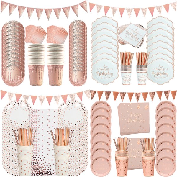 Rose Gold Party Supplies Disposable Polka Dots Paper Plate Cup Straw Banner Tableware Bridal Shower Wedding Birthday Party Decor