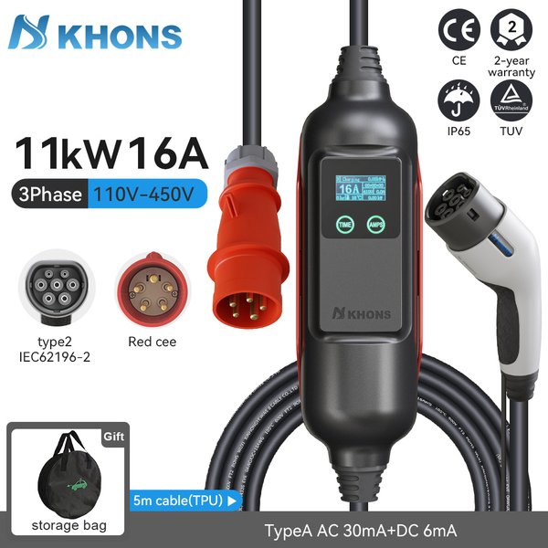 Khons 11KW 16A Tragbares Elektrofahrzeug-Ladegerät Typ2 EV Tragbares Ladegerät EVSE Ladebox Elektrofahrzeug-Ladestation IEC62196-2