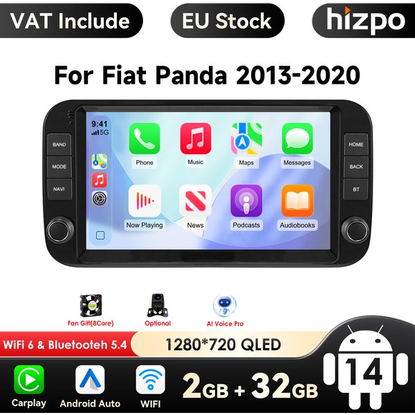 Hizpo 9 Zoll 1 Din Kabelloses Carplay Android Auto Autoradio für Fiat Panda 2013 - 2024 Multimedia-Videoplayer GPS-Navigation WIFI-Haupteinheit KI-Sprachsteuerung Intelligente Systeme Autoradio Stereo