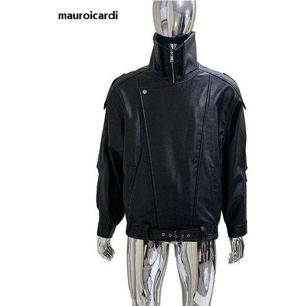 Veste de moto et de motard en cuir PU souple marron coupe-vent Mauroicardi printemps-automne pour homme, vêtements unisexes de luxe chic de créateur 2025