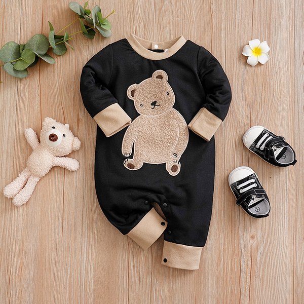 Spring And Autumn Boys And Girls Cute Cartoon Teddy Bear Short Plush Embroidered Long Sleeve Baby Bodysuit