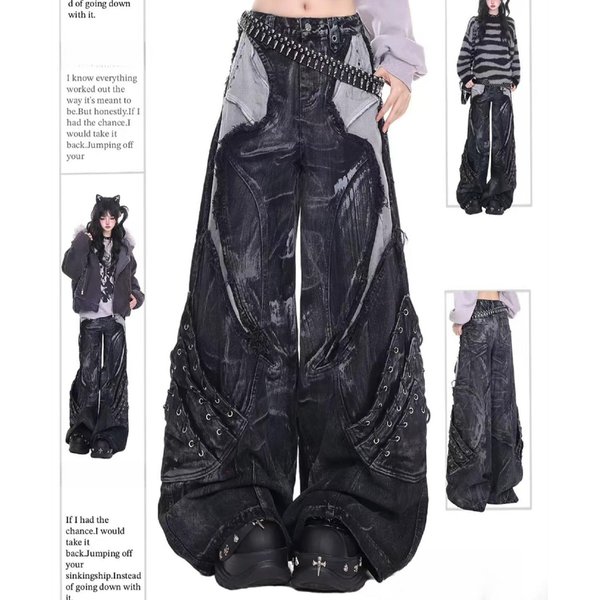 Herren Herbst Winter Amerikanische Stark Gewaschene Patchwork-Jeans Dekonstruierte Weite Punk-Ripped-Denim-Hose
