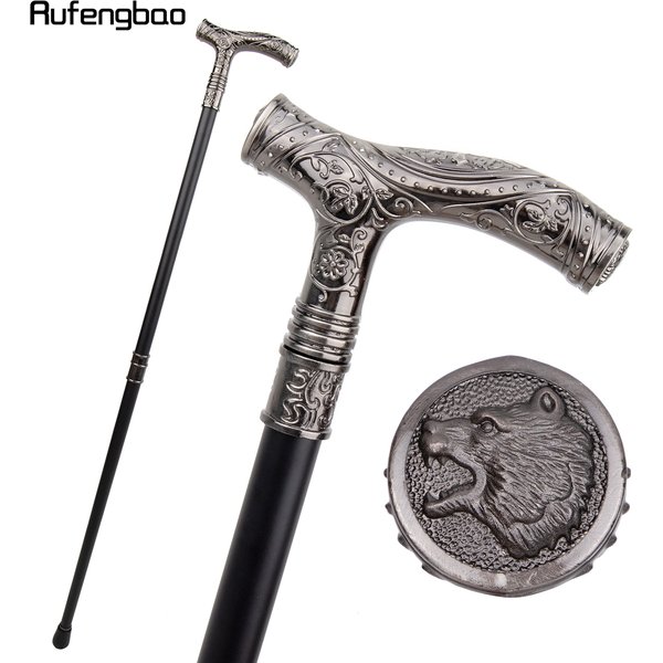 Bâton de marche en Relief de Totem de fleur de tête d'ours rugissant d'argent bâton de marche de mode Gentleman Crosier bouton bâton de marche 93 cm