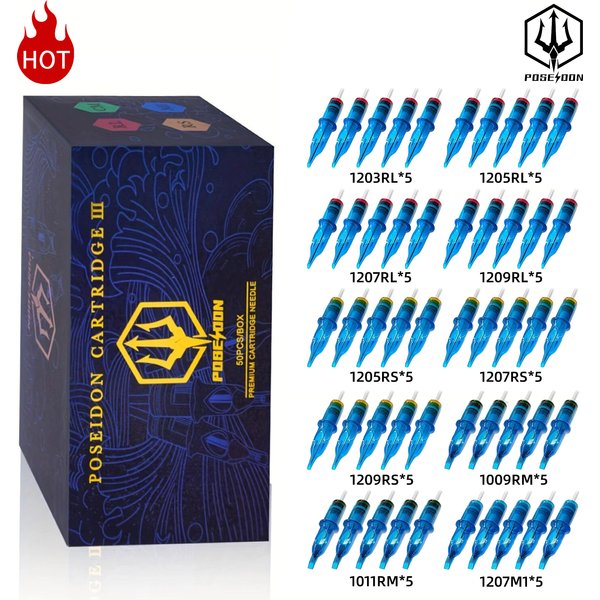 POSEIDON PRO MAX 50 Stück gemischte professionelle Tattoo-Patronennadeln mit Membran-Sicherheitskartuschen, Einweg-Tattoo-Nadel