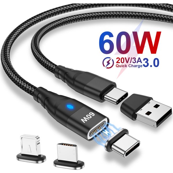 Câble de charge rapide magnétique USB C vers VopeC pour iPhone et Samsung, cordon de transfert de données avec aimant, adaptateur USB A, 60W