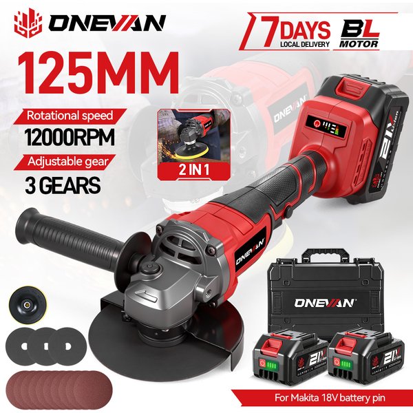 ONEVAN 125MM Bürstenloser Elektrischer Winkelschleifer M14 Kabelloser Schleif- und Schneidwerkzeug für Metall und Holz, kompatibel mit Makita 18V Akku