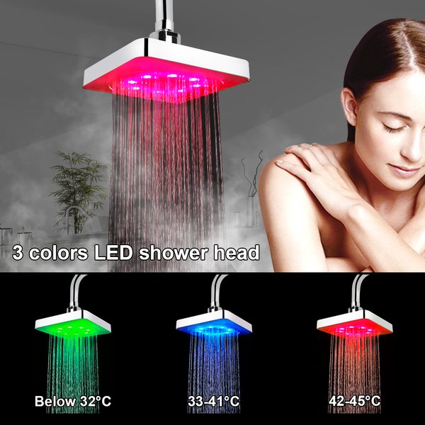 Ultra-Quiet 3 Colors Temperature Sensor Rainfall Top Spray 7 Colors Gradual Changing Square Fixed Showerhead LED Shower Head