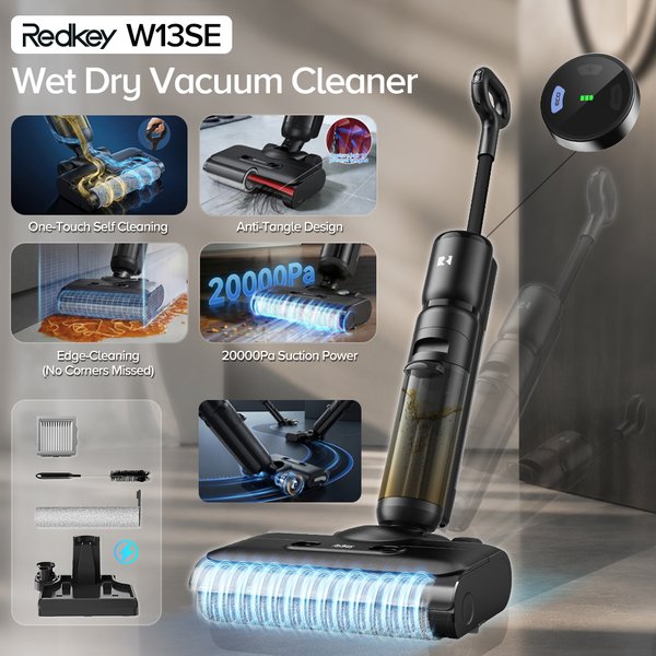 Redkey W13SE Wet Dry Vacuum Cleaner,20000Pa Power Suction,0.2INCH Edge-cleaning,75Mins Runtime Vertical Cordless Vacuum and Mop All in One