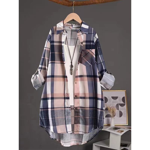 Cotton Plaid Mid Length Blouses Autumn Casual New Loose Button Blouses Women Korean Fashion Long Sleeve Winter Elegant Shirt