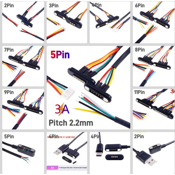 Connecteur Magnétique 2 3 4 5 6 7 8 9 11 Broches Pogo Pin à Ressort Pogopin Mâle Femelle Grille 2,2 mm Câble d'Alimentation CC 12V 3A USB