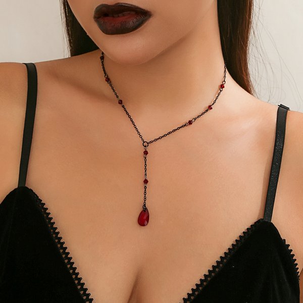 IngeSight.Z Gothic Dunkelrot Kristall Anhänger Halskette Frauen Vintage Metall Link Kette Choker Halskette Cosplay Halloween Schmuck