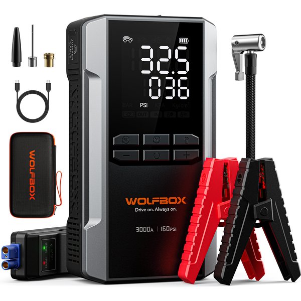 WOLFBOX 3000A Starthilfe mit Luftkompressor, 16000 mAh und 160 PSI tragbarer Autobatterie-Starthilfe mit 65 W Schnellladung