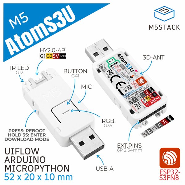 Kit de développement M5Stack AtomS3U ESP32S3 avec USB-A