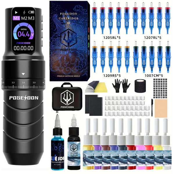 Kit de tatouage POSEIDON ou machine à tatouer professionnelle pour maquillage permanent, kit de machine à tatouer avec alimentation sans fil, kit de pistolet à tatouer.