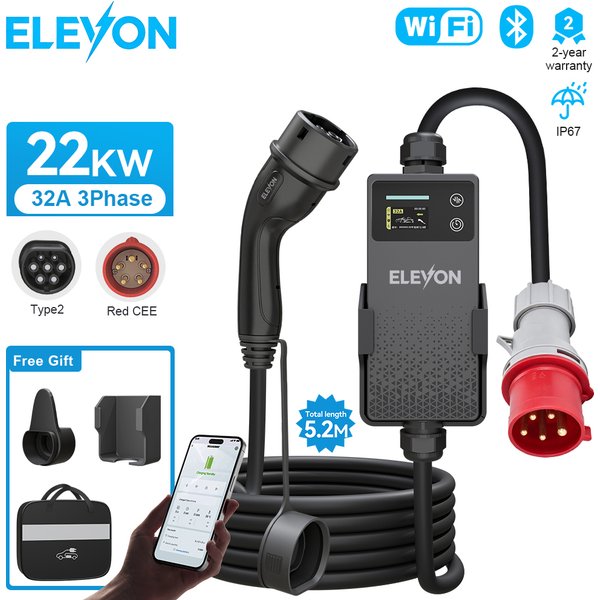 Khons 22KW 32A EV Tragbares Ladegerät Typ2 EVSE Ladebox Dreiphasiges Elektroauto-Ladegerät TPU-Kabel IP67