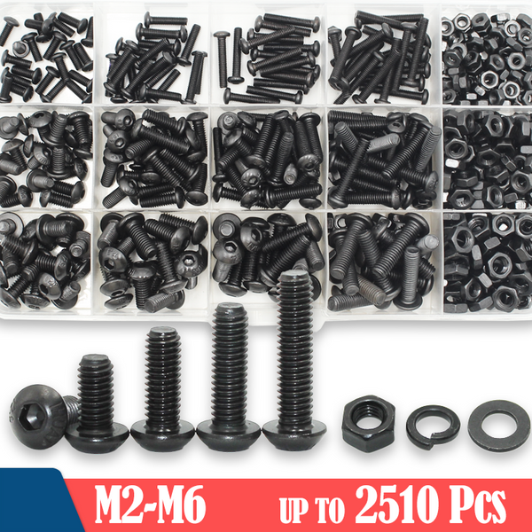 Kit de vis à tête hexagonale ronde 2510p M2 M2.5 M3 M4 M5 M6 Noir Grade 10.9 Vis à tête fraisée à empreinte Allen avec écrous et rondelles ISO7380