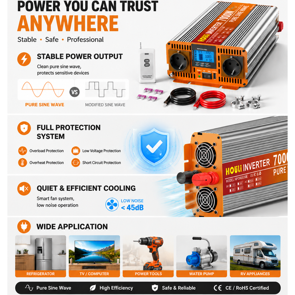 HOULI, convertisseur d'alimentation 12V DC vers 220V AC, onde sinusoïdale pure, pour la maison, la batterie solaire de secours, le camping et l'utilisation en extérieur