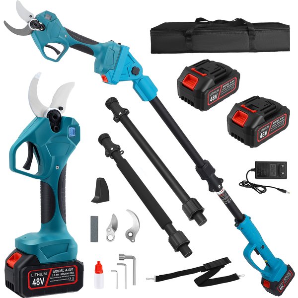 2-in-1-Elektro-Zweigschere, LCD-Display, mit 21-V-2x3,0-Ah-Akku und 2,3 m Verlängerungsstange, 40 cm Schnittdurchmesser, Astschere