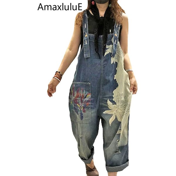 AmaxluluE 2025 Females Fashion Overalls Ladies Summer Printed Denim Pantalons Vintage Casual Jeans Womens Loose Vintage Trousers
