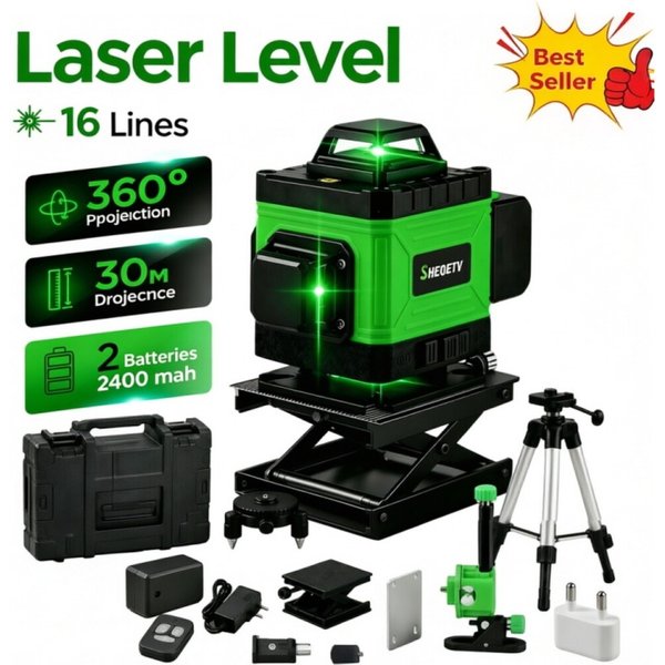 Nouveau niveau laser 4D à 16 lignes, ligne verte, auto-nivelant, 360° horizontal et vertical, niveau laser professionnel, outils de construction
