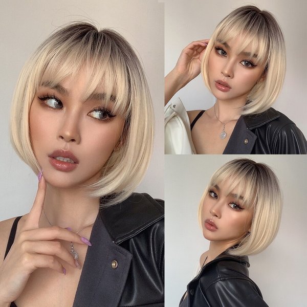 Perruques Bob synthétiques ombrées blondes platine avec frange, cheveux naturels courts et lisses pour femmes, en Fiber résistante à la chaleur pour fête quotidienne