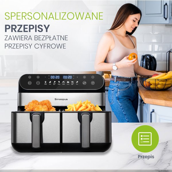 Sinaopus Heißluftfritteuse 2400W 10L XXL Doppelkorb-Fritteuse Fettfrei LED-Touchscreen, 8 Programme, Temperaturregelung, Heißluftofen ohne Öl