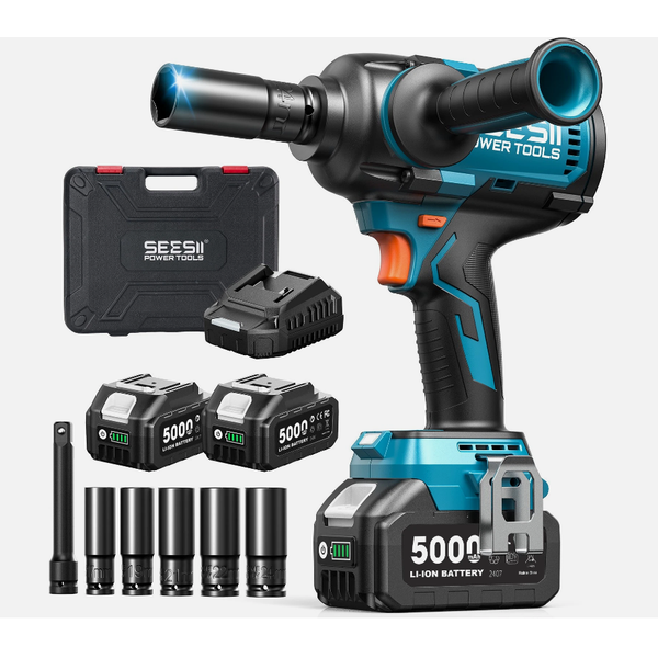 SEESII 1600Nm Cordless Impact Wrench with Detachable Handle 1/2' High Torque Electric Brushless Impact Gun with 21V 5.0Ah Battery LED Light for Car Industrial Work