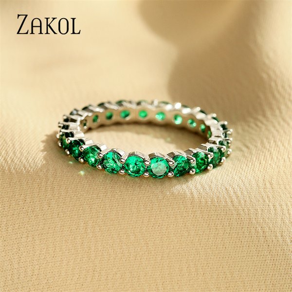 ZAKOL Fashion Round White Green Cubic Zirconia Wedding Rings for Women Girl Party Jewelry Birthday Gift RP189