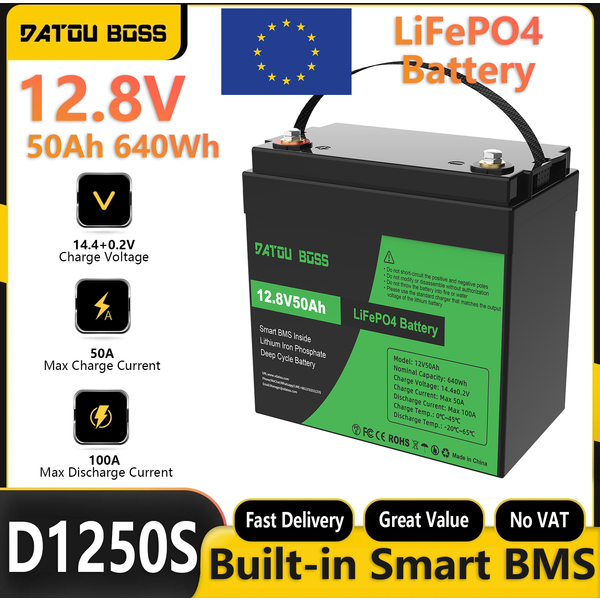 DATOUBOSS 12,8V 50Ah LiFePO4-Batterie 640Wh Lithium-Eisenphosphat-Batterie mit integriertem Smart BMS, unterstützt 4S4P für Solar-, Wohnmobil- und Heimenergiespeicher