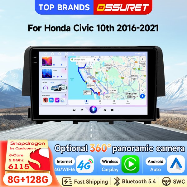 OSSURET Schneller Versand 2 Din 9 Zoll Android 15 Autoradio für Honda Civic 10. Generation 2016-2021 Autoradio GPS-Navigation Intelligentes Headunit Kabelloses CarPlay Android Auto AI SWC DSP Audio 4G