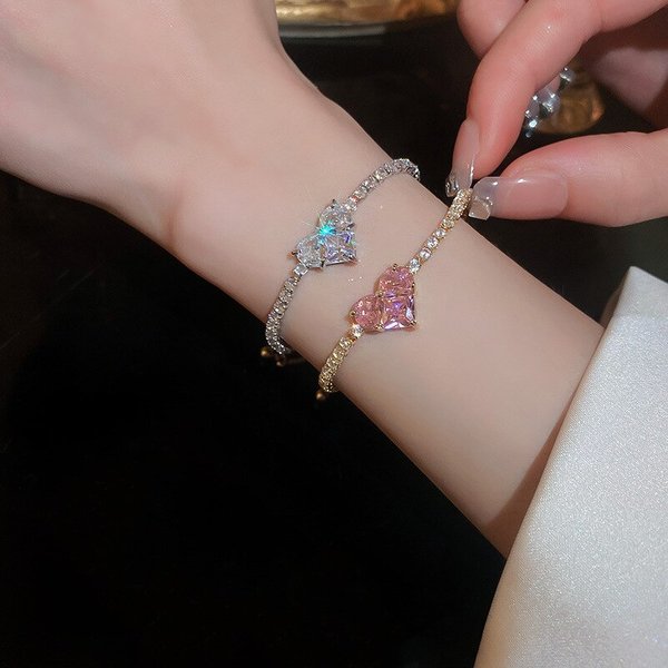 Bracelet chaîne orné de zircon et de strass, bracelet carré, pour femmes, blanc, rose, bracelet en forme de cœur, bijoux, cadeau A-