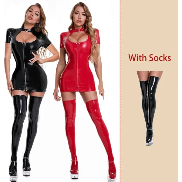 Frauen PVC Leder Bodycon Vor Zipper Gabelung Kleid Wet Look Latex Catsuit Sexy Erotische Clubwear Kurzarm Pole Dance Kostüme