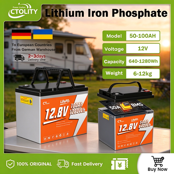 CTOLITY 12V 50AH 100AH LiFePO4-Batterie 640Wh 1280Wh Lithium-Eisenphosphat-Batterie mit 50A 100A BMS für Wohnmobile, Golfwagen, Solarstromsysteme, Trolling-Motoren, wiederaufladbare Batterien, 4000+