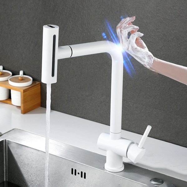 Touch-Wasserfall-Küchenarmaturen mit ausziehbarem Heiß- und Kaltwasserhahn, weiße Sensor-Touch-Küchenarmatur, Mischbatterie