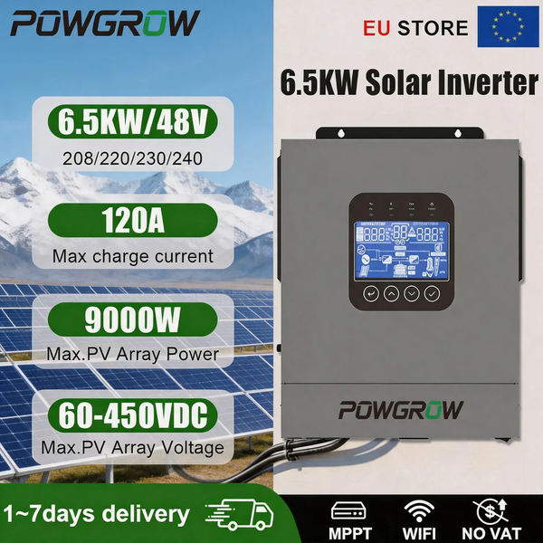 POWGROW 12KW Hybrid Solar Inverter 6.5KW Pure Sine Inverter 48V Off Grid Pure Sine 150A MPPT Solar Charger PV 500VDC NO TAX