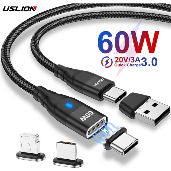 USLION 60W USB C vers USB C câble magnétique fil de charge Super rapide QC 3.0 Type C vers Micro USB cordon avec USB C vers USB A convertisseur