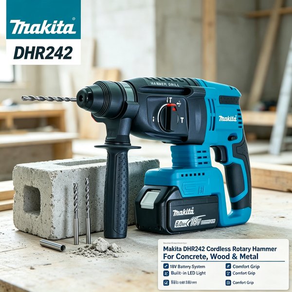 Neuer Original Makita DHR242 18V Lithium-Ionen Akku-Bohrhammer, 13,5 m/s² optimierter Vibrationswert, deutlich geringere Ermüdung der Hand für Handwerker, die große Mengen an langen Bohrarbeiten