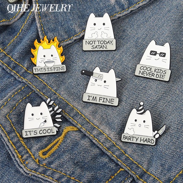 Cartoon Cat Enamel Pin I'm Fine Quote Metal Cute Animals Badge Lapel Clothes Brooch Jewelry Gift Backpack Hat Gift for Friends