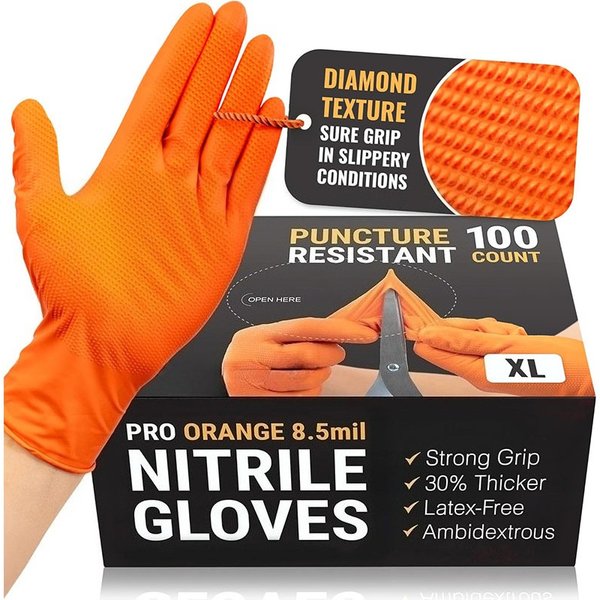 Extra dicke Einweghandschuhe aus Nitril in Schwerorange, 8,5 ml – puderfreier, pannensicherer Schutz – Arbeitshandschuh mit Diamantstruktur
