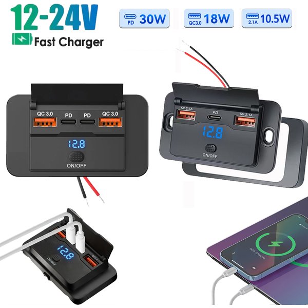 Ładowarka samochodowa 18W USB A 30W PD z szybkim ładowaniem, podwójnym gniazdem USB i panelem włącznika/wyłącznika, adapter do ciężarówek, kamperów i przyczep kempingowych.