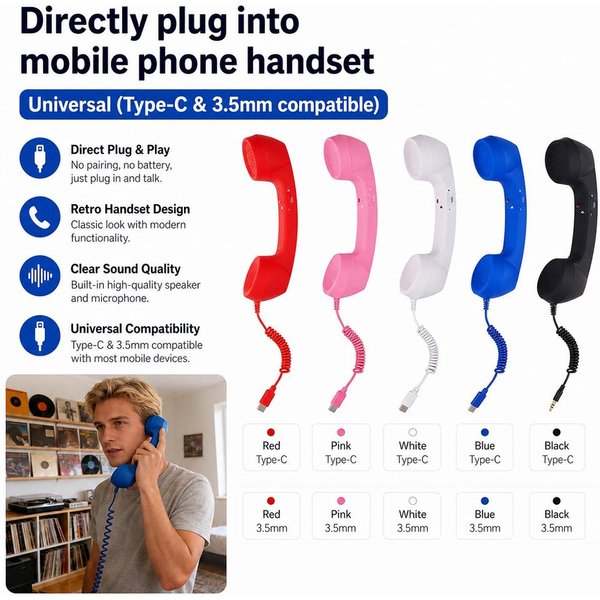 Retro-Telefonhörer, Typ-C, 3,5-mm-Mikrofon, zum direkten Anschluss an das Mobiltelefon, ideal als Weihnachtsgeschenk.