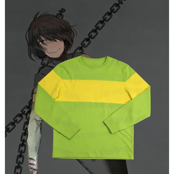 Men's Women's Deltarune Kris Cosplay Long Sleeve Fashion Green Yellow Striped Soft Casual Stylish Pullover T-shirt Tops