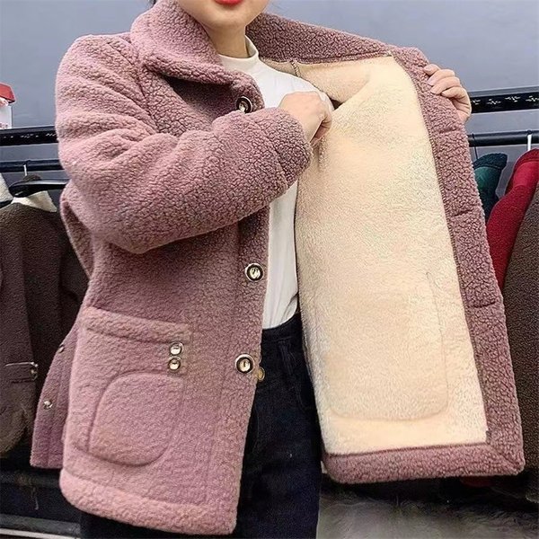 Winter Thick Fleece Single Breasted Lamb Fur Women's Coat Mom Wear Lapel Pocket Imitation Fur Warm Casual Jacket Female