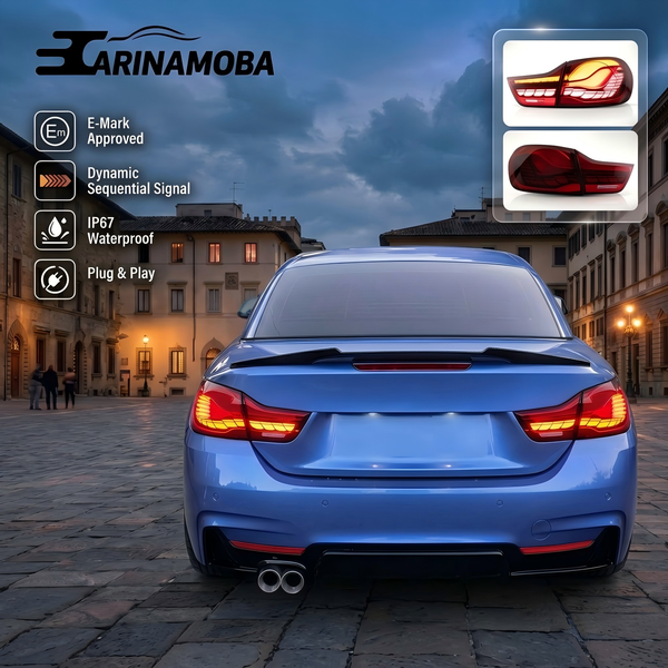 CARINAMOBA GTS OLED-Style Voll-LED-Rückleuchten für BMW 4er M4 F32 F33 F36 F82 F83 2014-2020 | Dynamisches Sequenzielles Bernsteinfarbenes Blinklicht DRL Rücklicht-Set | E-Mark ECE-geprüft |