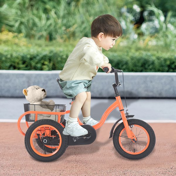 12 Zoll 3-Rad-Dreirad Kinderfahrrad für Jungen/Mädchen, Ein-Gang-Dreirad, Orange/Hellgrün, Kinderfahrrad mit 3 Rädern, Geschenk für Kinder