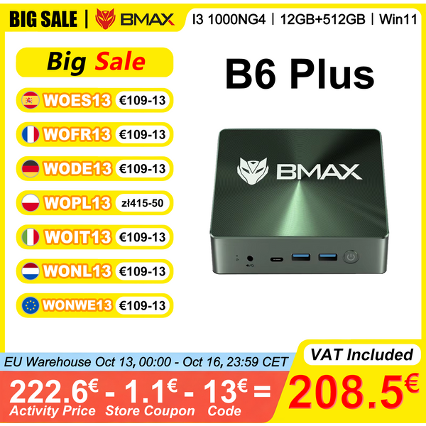 Bmax B6 Plus Mini-PC Intel I3 1000Ng4 12GB RAM 512GB SSD ROM Windows 11 WLAN USB HDMI Bluetooth 4.2