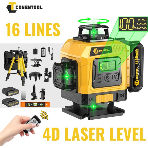 CONENTOOL 16-Linien Grüner Laser-Nivellierer 4x360 Selbstnivellierender Kreuzlinienlaser mit Stativ und Fernbedienung, 535nm Hohe Helligkeit, Horizontale und Vertikale Messfunktion, Typ C Aufladbar,