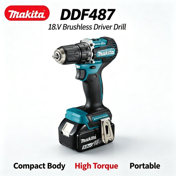 Makita DDF487 Bürstenloser 18V Akku-Bohrschrauber, Lithium-Akku-Schraubendreher, kompaktes Elektrowerkzeug für Heimwerkerarbeiten und Montage